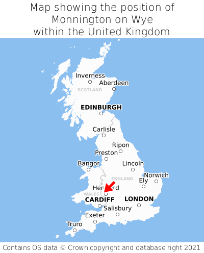 Map showing location of Monnington on Wye within the UK