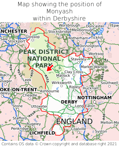Map showing location of Monyash within Derbyshire