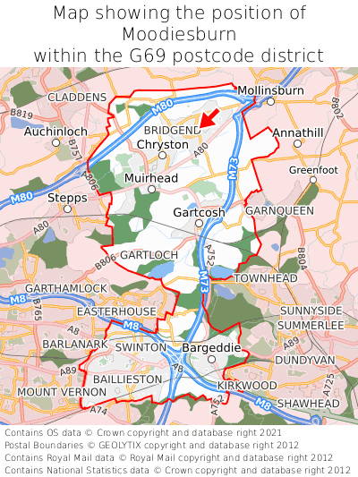 Map showing location of Moodiesburn within G69