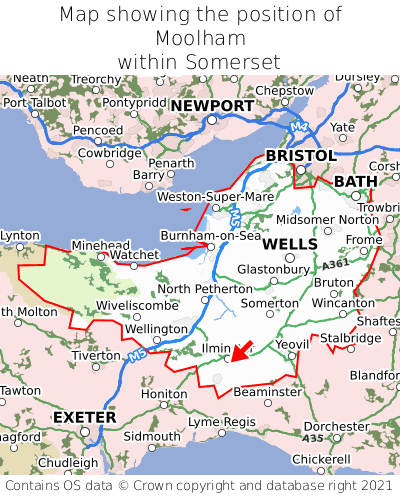 Map showing location of Moolham within Somerset