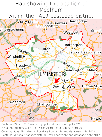 Map showing location of Moolham within TA19