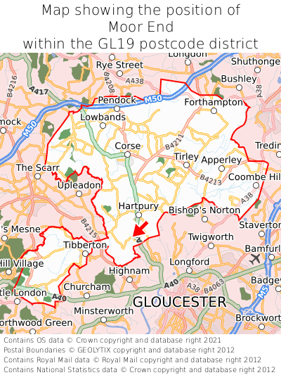 Map showing location of Moor End within GL19
