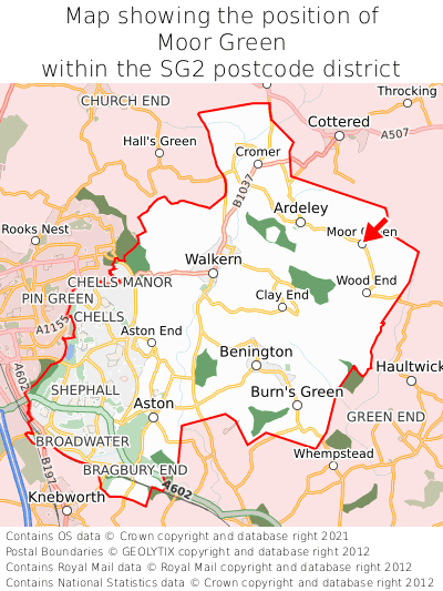 Map showing location of Moor Green within SG2