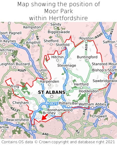 Map showing location of Moor Park within Hertfordshire
