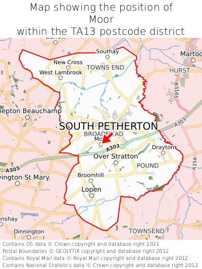 Map showing location of Moor within TA13