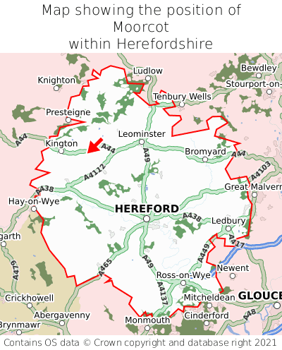 Map showing location of Moorcot within Herefordshire