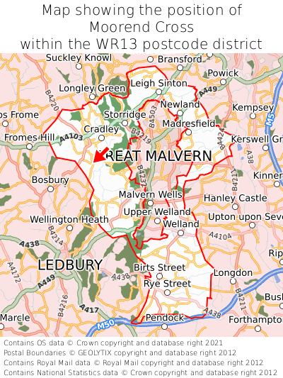 Map showing location of Moorend Cross within WR13