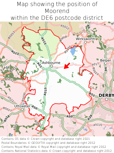 Map showing location of Moorend within DE6