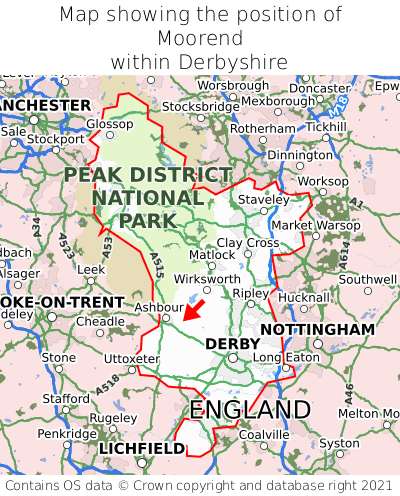 Map showing location of Moorend within Derbyshire