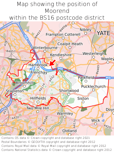 Map showing location of Moorend within BS16