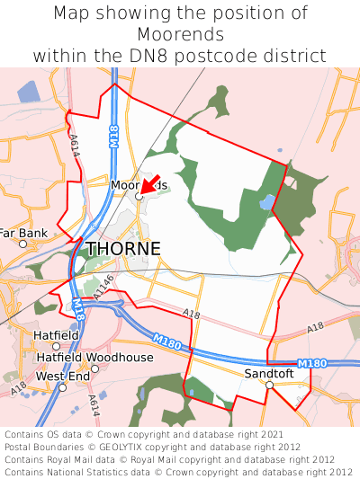 Map showing location of Moorends within DN8