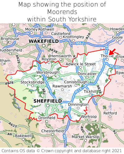 Map showing location of Moorends within South Yorkshire