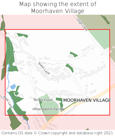 Map showing extent of Moorhaven Village as bounding box