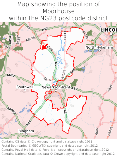 Map showing location of Moorhouse within NG23