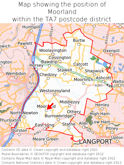 Map showing location of Moorland within TA7