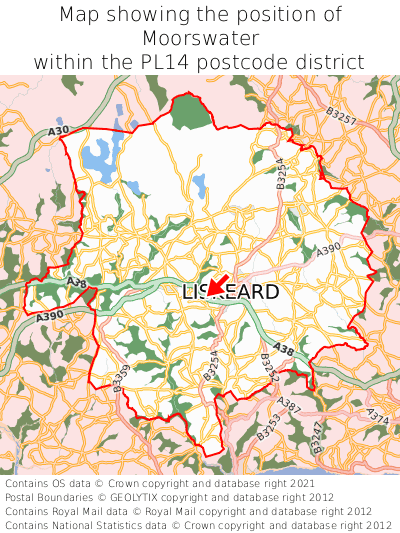 Map showing location of Moorswater within PL14