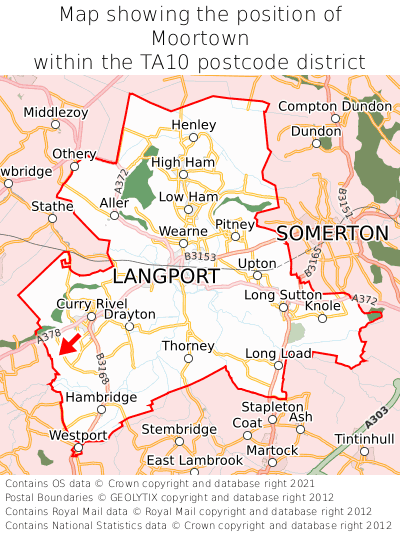 Map showing location of Moortown within TA10