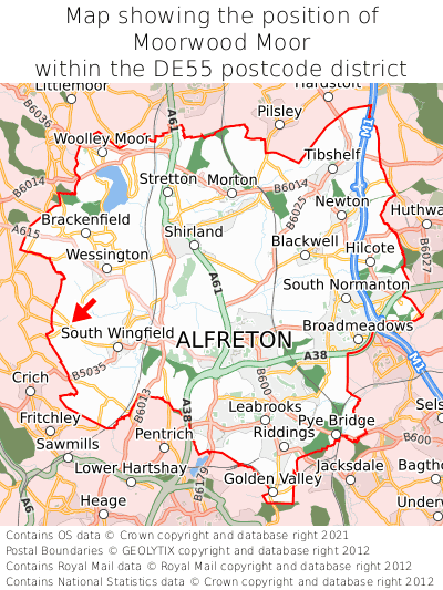 Map showing location of Moorwood Moor within DE55
