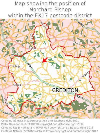 Map showing location of Morchard Bishop within EX17