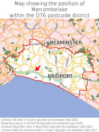 Map showing location of Morcombelake within DT6