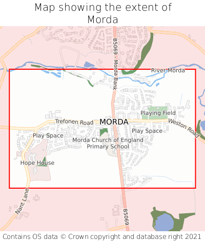 Map showing extent of Morda as bounding box