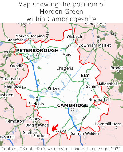 Map showing location of Morden Green within Cambridgeshire