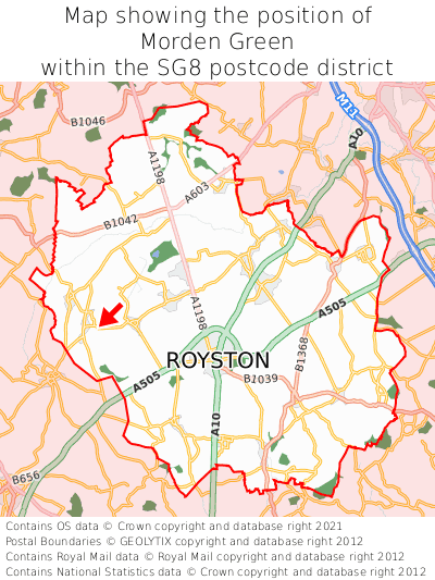 Map showing location of Morden Green within SG8
