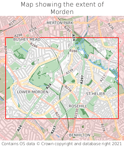 Map showing extent of Morden as bounding box