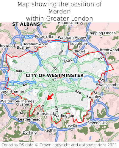 Map showing location of Morden within Greater London