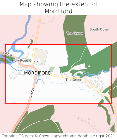 Map showing extent of Mordiford as bounding box
