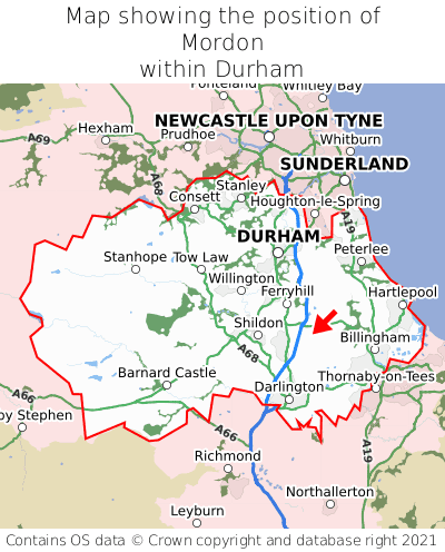 Map showing location of Mordon within Durham