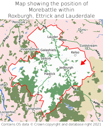 Map showing location of Morebattle within Roxburgh, Ettrick and Lauderdale