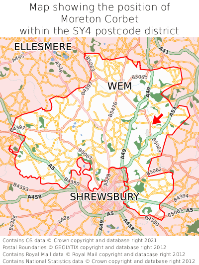 Map showing location of Moreton Corbet within SY4