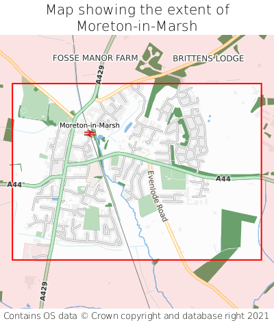 Map showing extent of Moreton-in-Marsh as bounding box