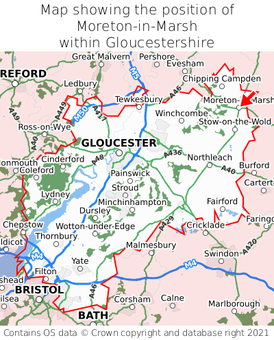 Map showing location of Moreton-in-Marsh within Gloucestershire