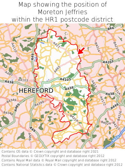 Map showing location of Moreton Jeffries within HR1