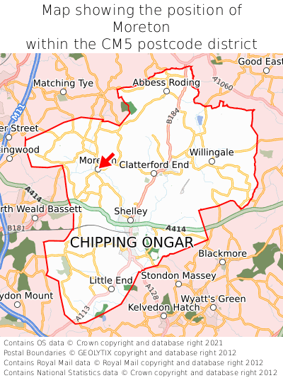 Map showing location of Moreton within CM5