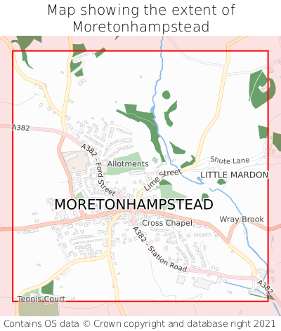 Map showing extent of Moretonhampstead as bounding box