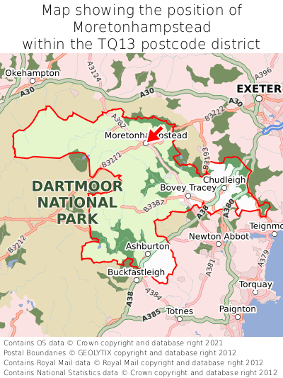Map showing location of Moretonhampstead within TQ13