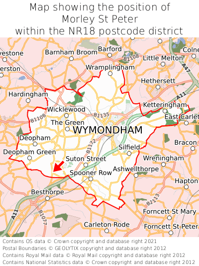 Map showing location of Morley St Peter within NR18