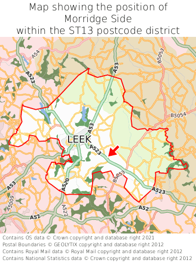 Map showing location of Morridge Side within ST13