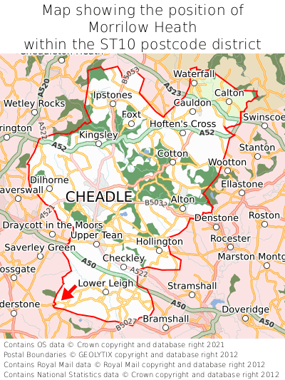 Map showing location of Morrilow Heath within ST10