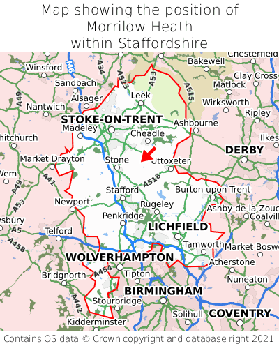 Map showing location of Morrilow Heath within Staffordshire