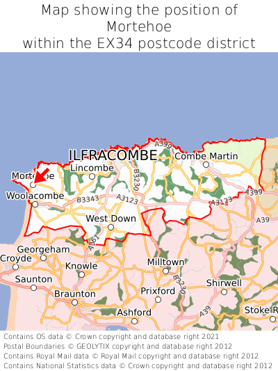 Map showing location of Mortehoe within EX34