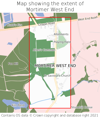Map showing extent of Mortimer West End as bounding box