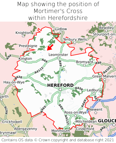 Map showing location of Mortimer's Cross within Herefordshire