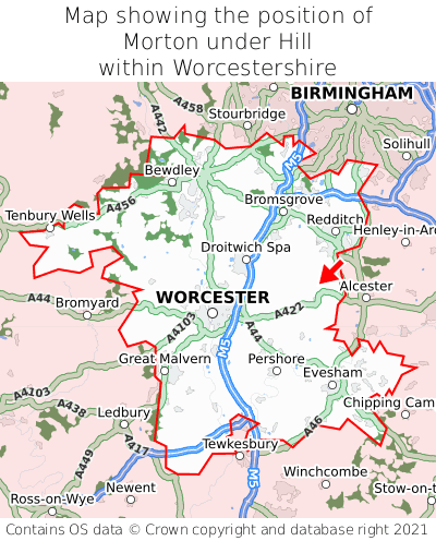 Map showing location of Morton under Hill within Worcestershire