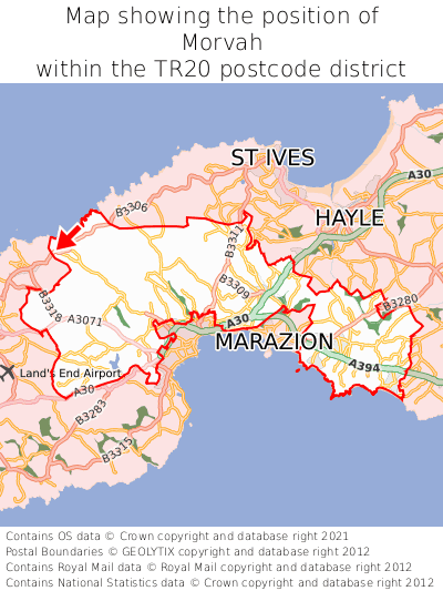 Map showing location of Morvah within TR20