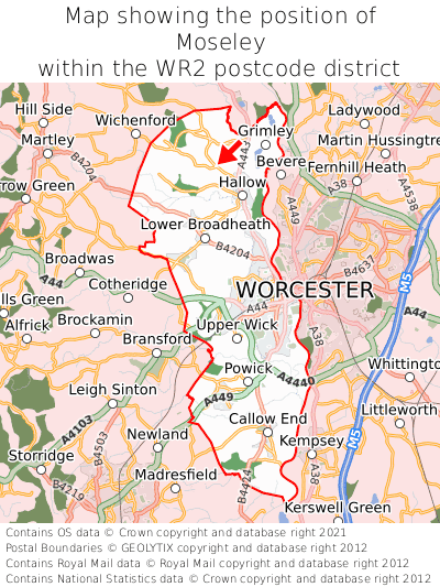 Map showing location of Moseley within WR2