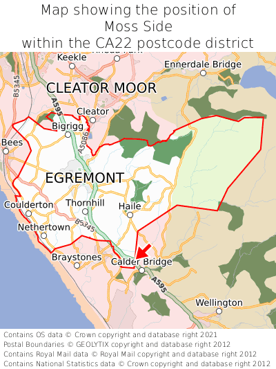 Map showing location of Moss Side within CA22
